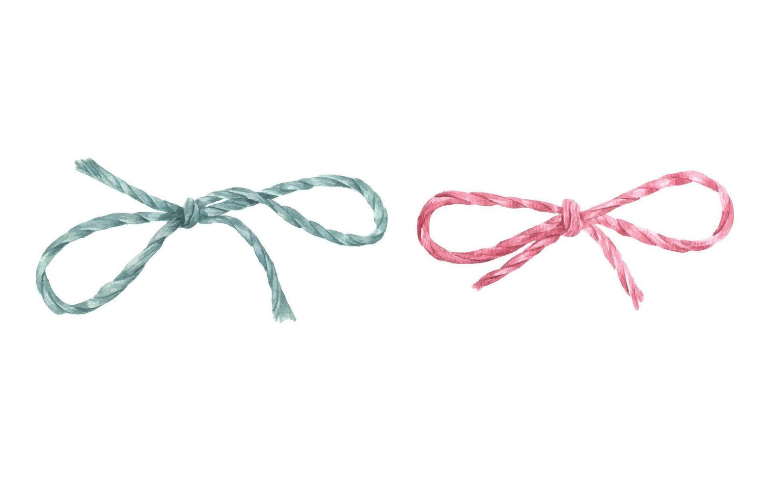 Teal and pink rope bows. Colored jute cord with knots. Natural hemp burlap ropes tied in bows. Watercolor illustration. Elements for creative projects, crafts, greeting cards, and decoration vector