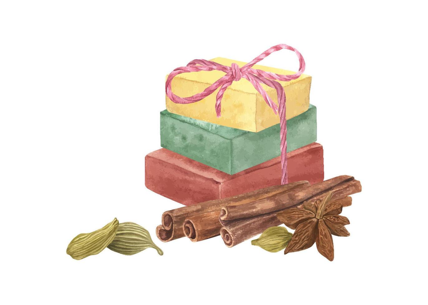 Soap bars adorned with cinnamon sticks, star anise and cardamom for the holiday season. Organic cosmetic. Winter spice for aromatherapy. Craft Soaps tied with pink jute rope. Watercolor illustration vector