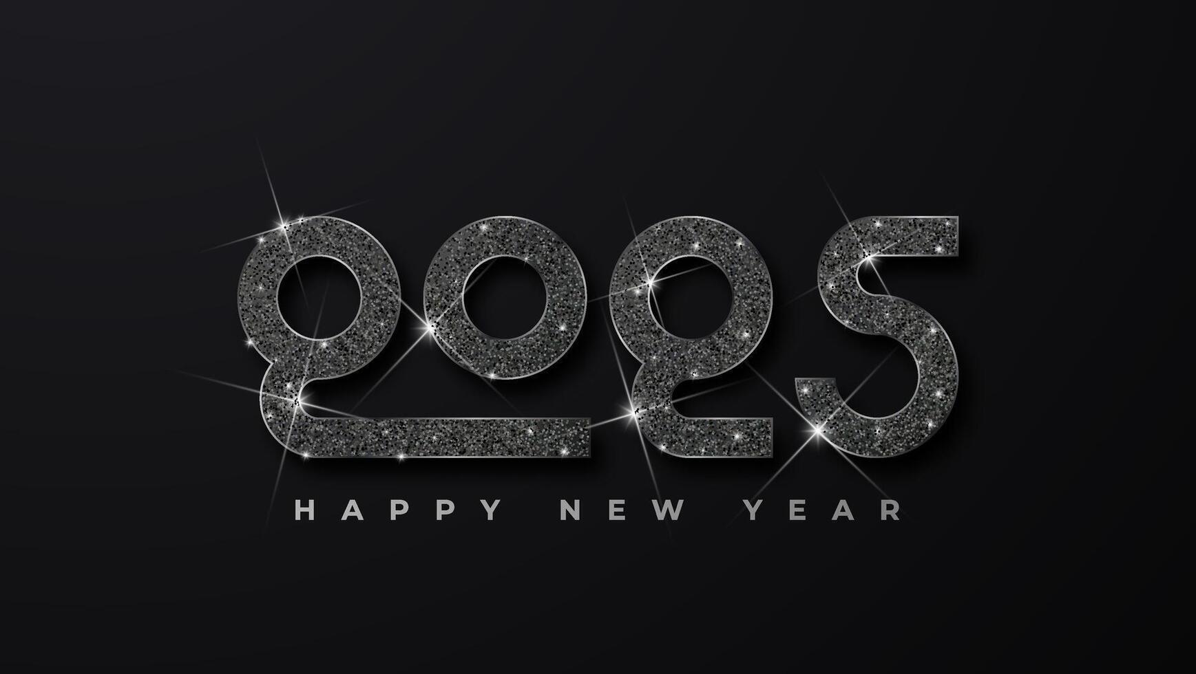Happy new year 2025 celebration typography text poster design. Shiny silver numbers and dark background vector
