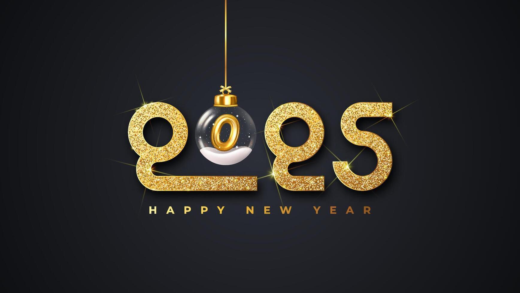 Happy new year 2025 typographic text poster design celebration. Sparkle golden numbers and dark background vector