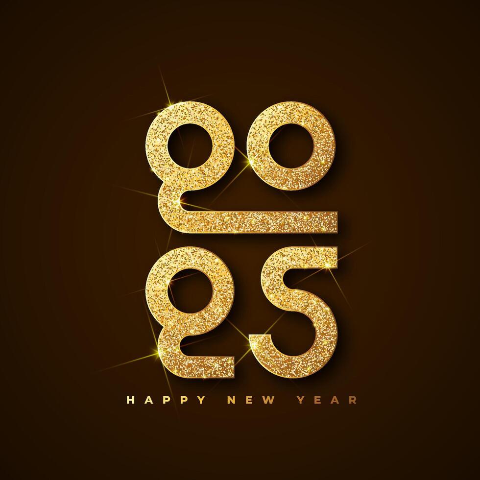 Happy new year 2025 typographic text poster design celebration. Sparkle golden numbers and dark background vector