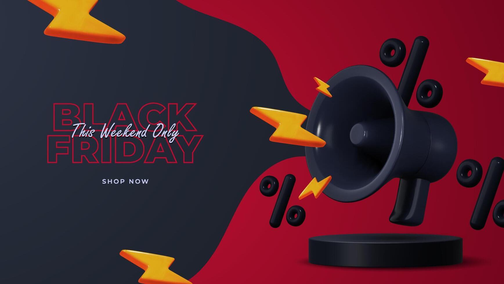 Black Friday sale design featuring text and megaphone. 3D style promotional graphic for websites, banners, and posters. vector