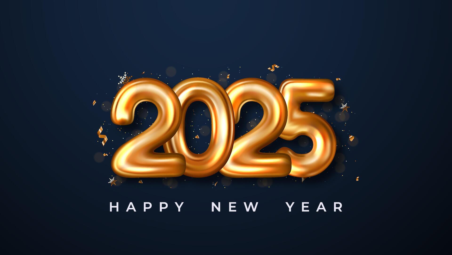 Festive and celebratory design featuring a golden balloon number 2025 surrounded by colorful