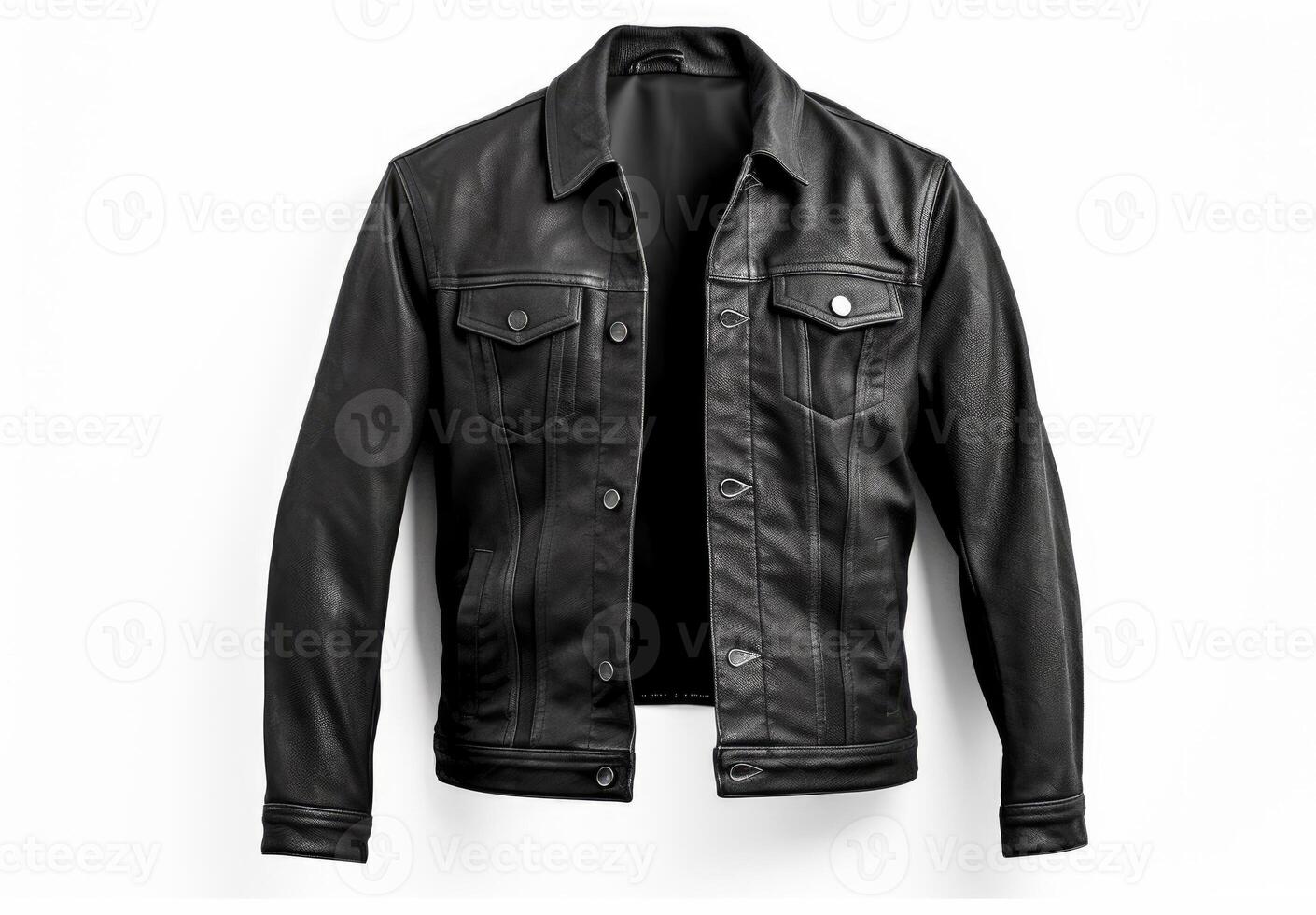 Black leather jacket on a hanger on a white background, top view photo