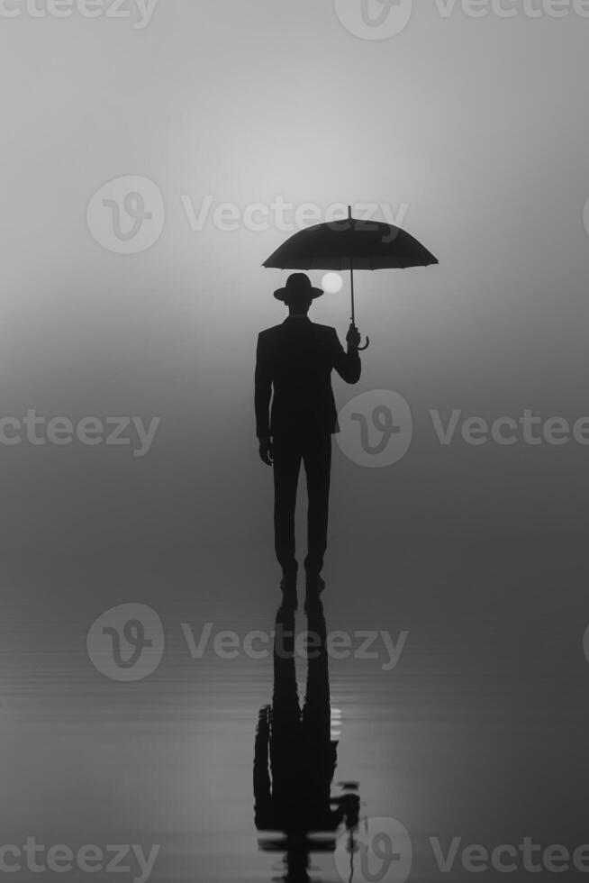 surreal portrait of a man in a suit and hat with an umbrella standing on the water photo