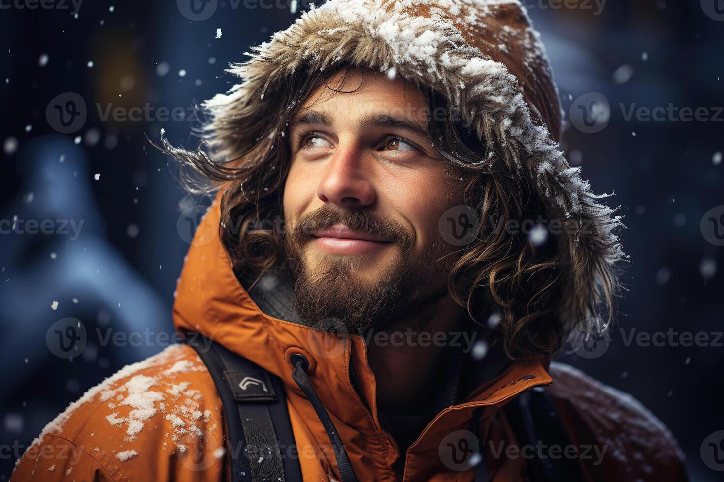 Portrait of a happy male tourist climber on hike in mountains in winter photo