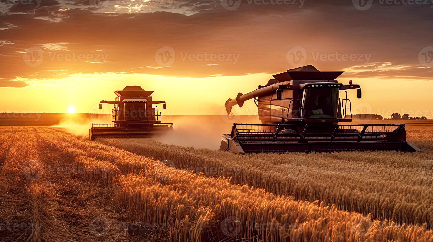 combine harvesters harvest grain from field in summer at sunset. photo