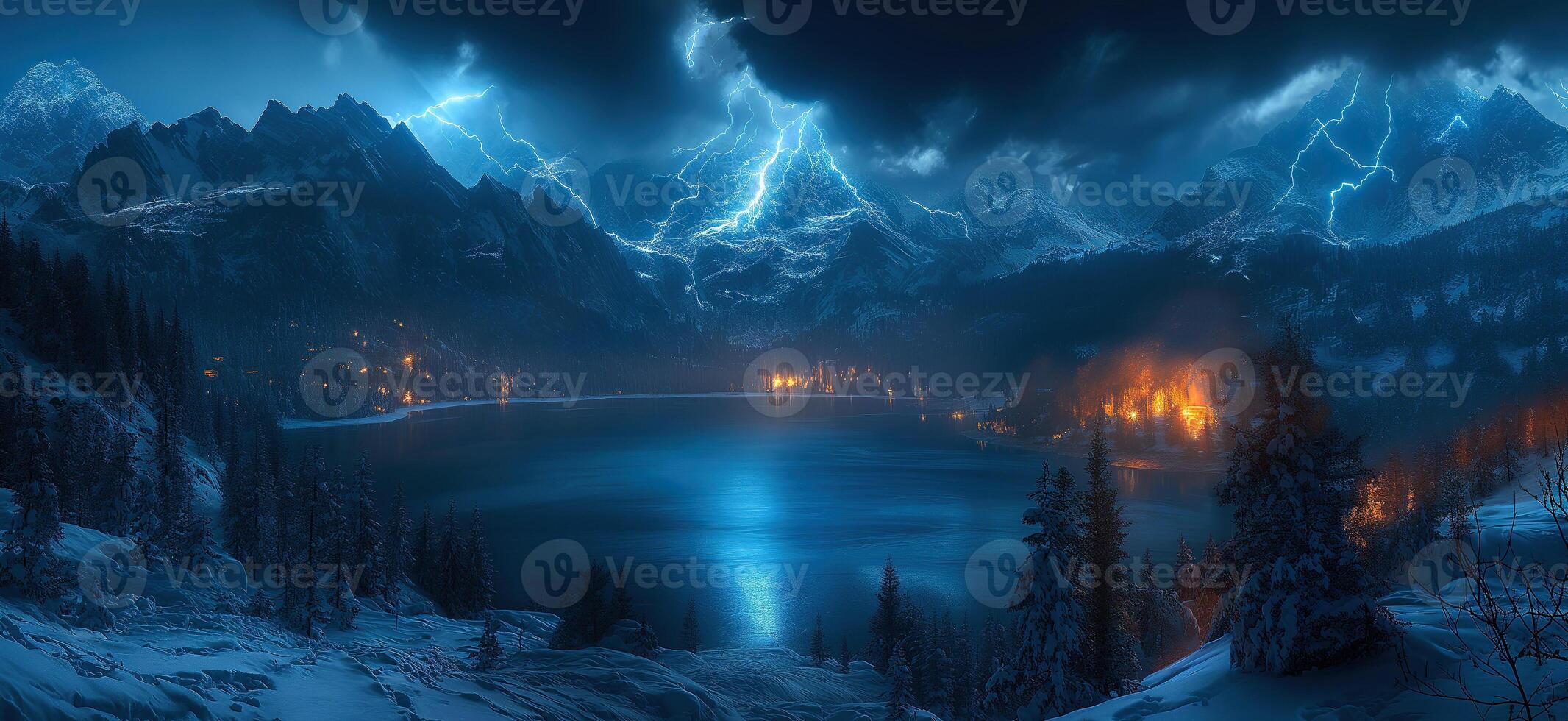 winter landscape panorama with thunderstorms and lightning in night sky in nature over lake with mountains photo