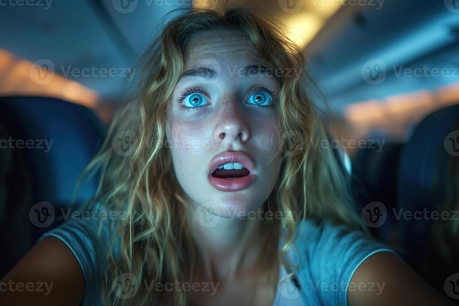 afraid scared anxiety frightened woman passenger with aerophobia inside falling airplane in turbulence flight photo