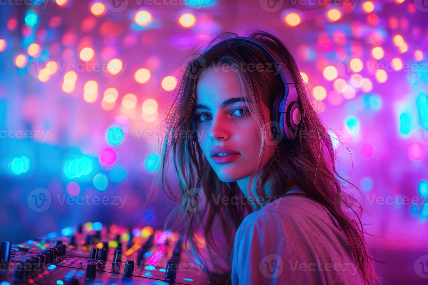portrait of young beautiful girl DJ in headphones mixing music on a DJ mixer console controller on booth in a night club photo