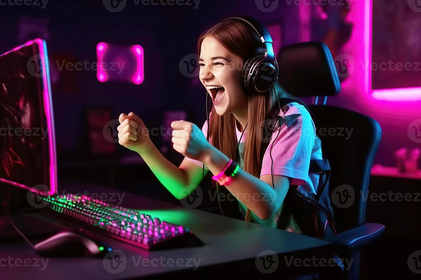 happy girl an esports player behind the monitor is happy to win an cybersports game competition. photo