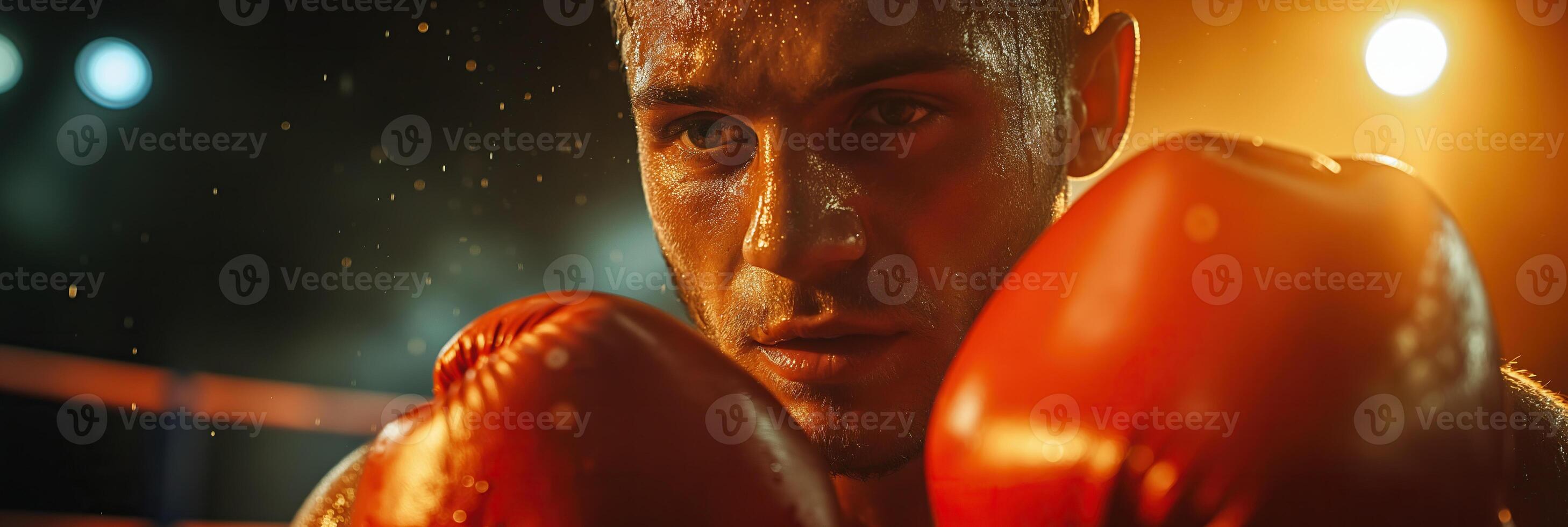 portrait of a white man professional boxer in red gloves in a boxing ring close-up photo