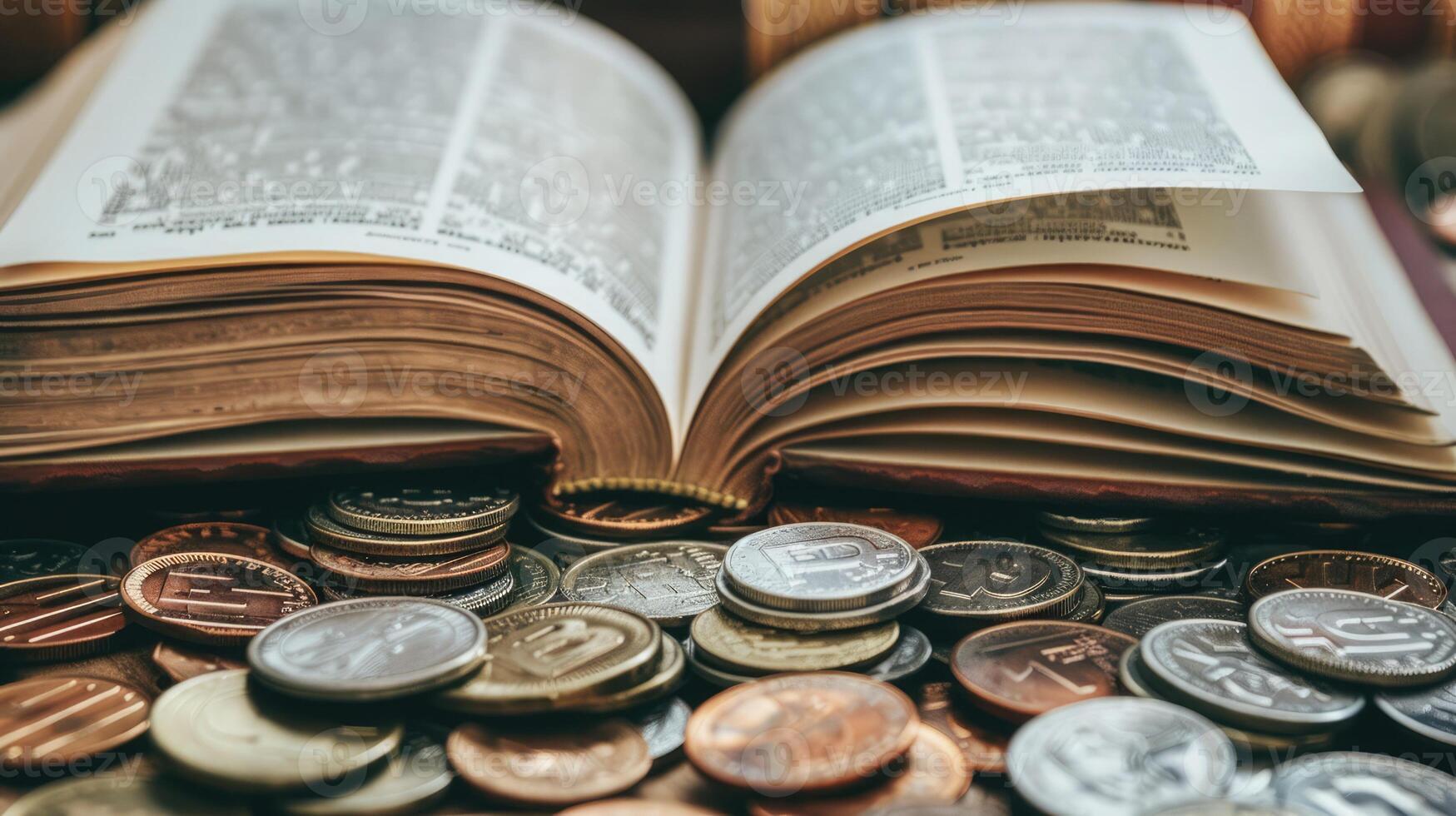 Open book in shape of bar graph with coins, depicting story of dividends. Dividend strategies photo