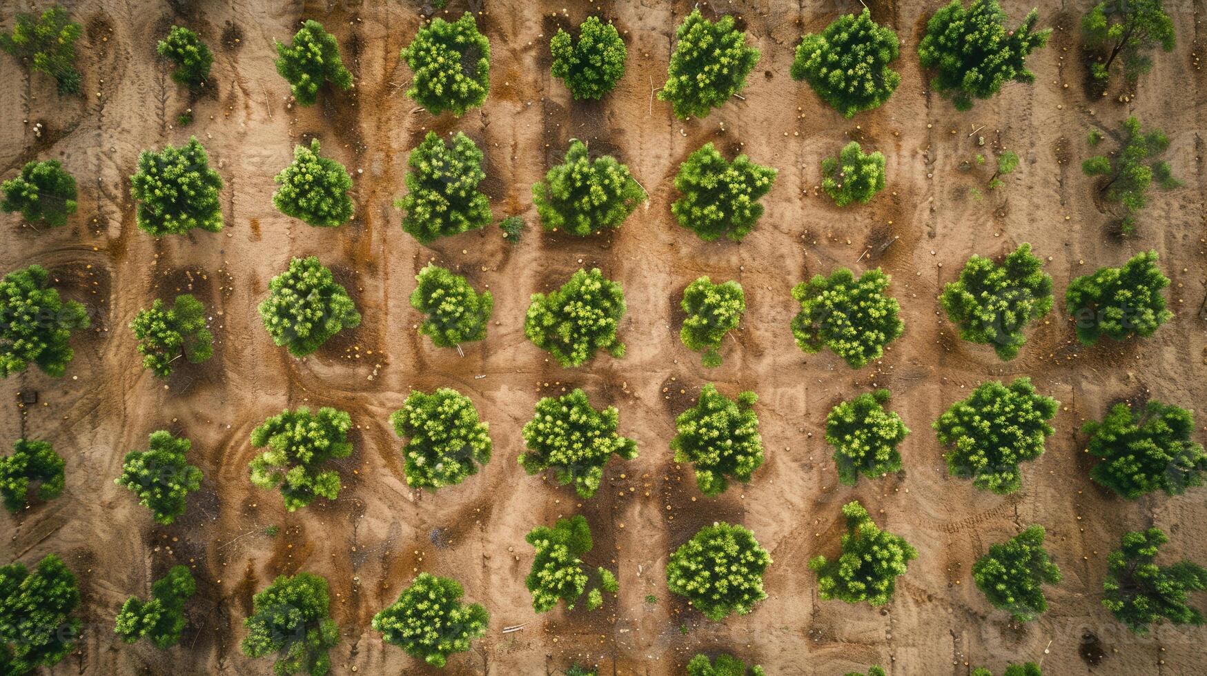 Aerial view of reforestation with young trees planted in rows, showcasing sustainability and conservation, with copyspace. Environmental carbon reduction photo
