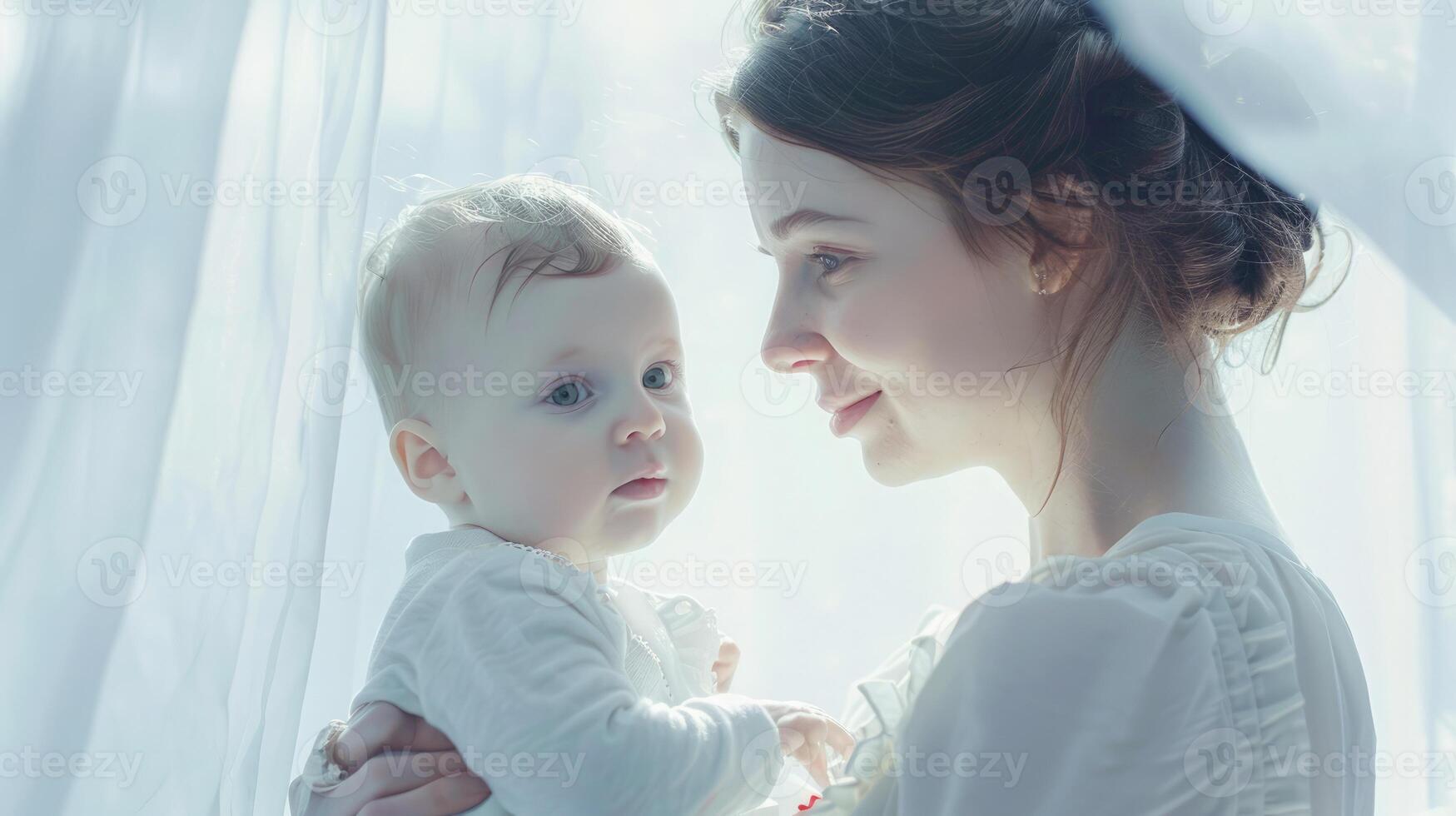 White ambiance frames mother and baby's shared glance, highlighting their expression of connection and trust. Mom and baby photo