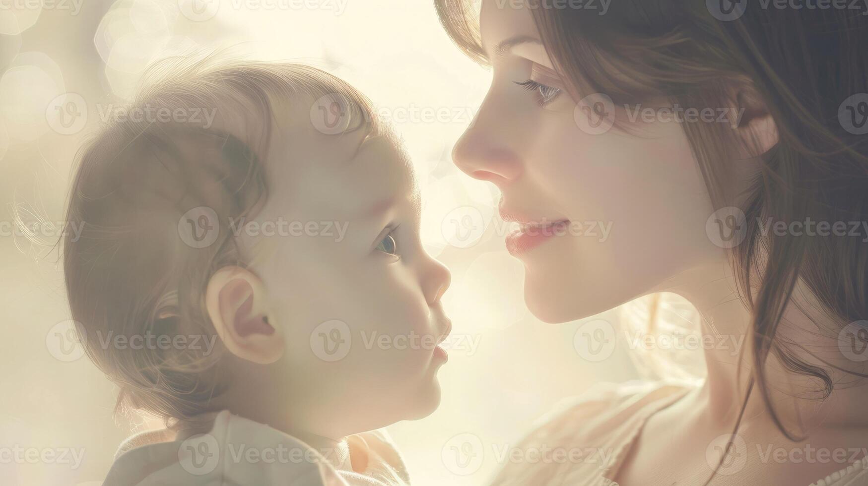 Mother and baby's shared glance in a white ambiance, capturing an expression of deep connection and trust. Mom and baby photo