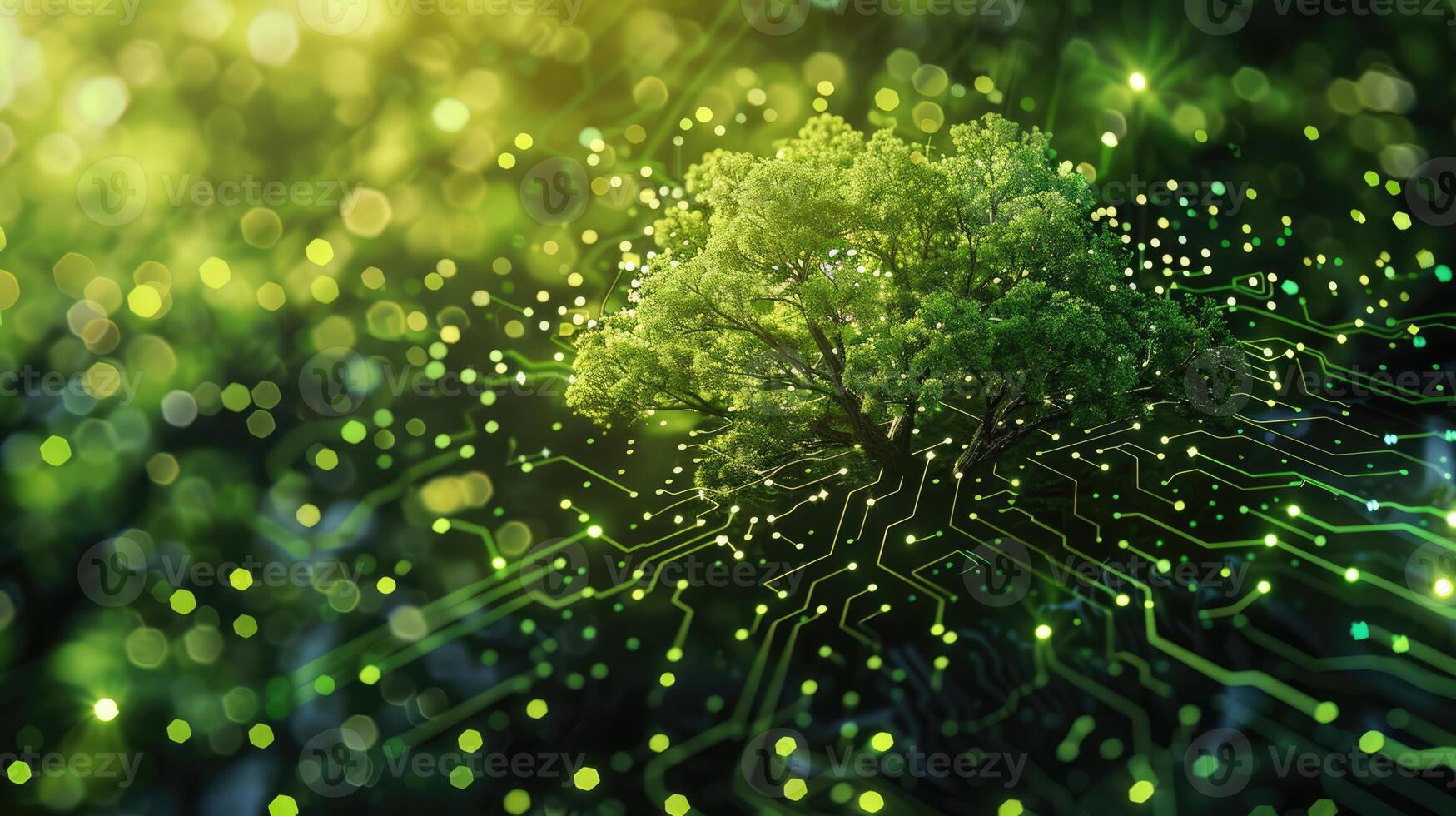 Digital circuits and tree network combined, illustrating the integration of nature and technology for effective carbon reduction. Carbon footprint reduction technology photo