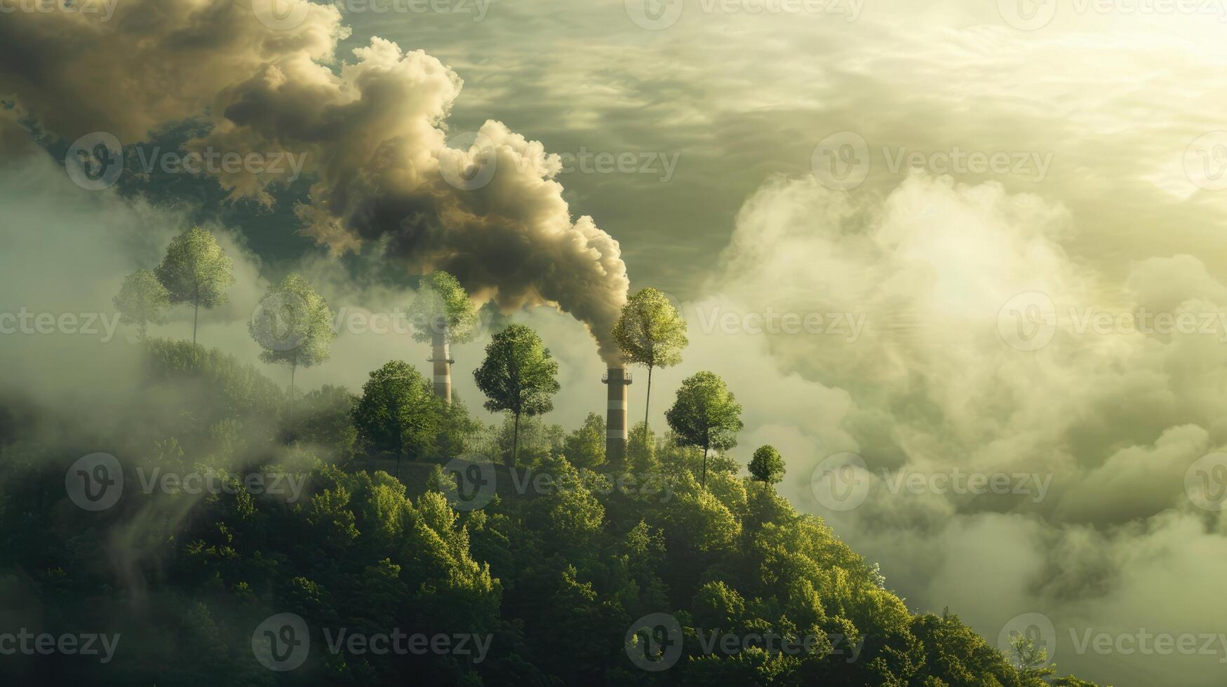 Smokestacks releasing trees, symbolizing the integration of industry and environmental consciousness. Carbon footprint reduction photo