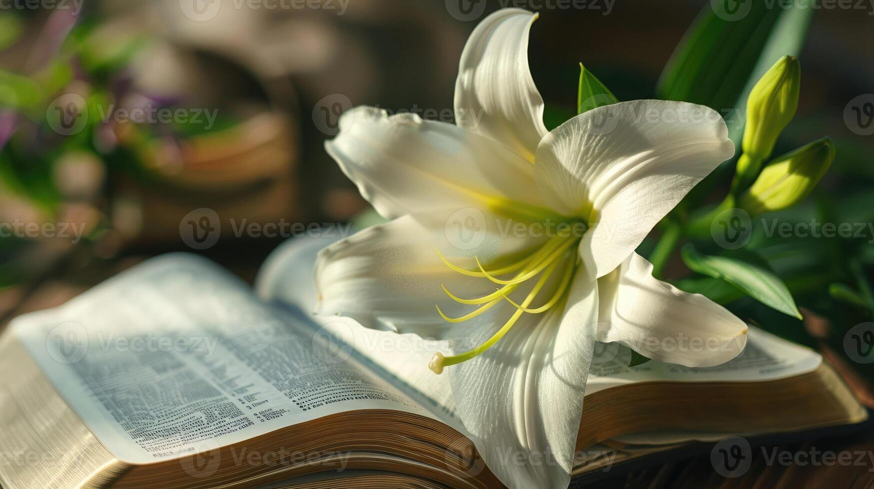 Blooming lily beside an open Bible, representing the themes of resurrection and new life photo