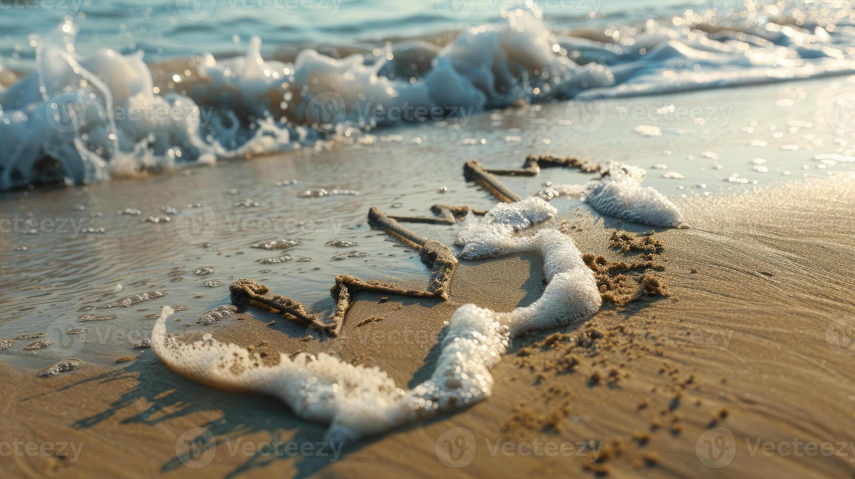 Serene beach scene with financial charts drawn in the sand, waves gently erasing them as a metaphor for market volatility. Financial insights photo