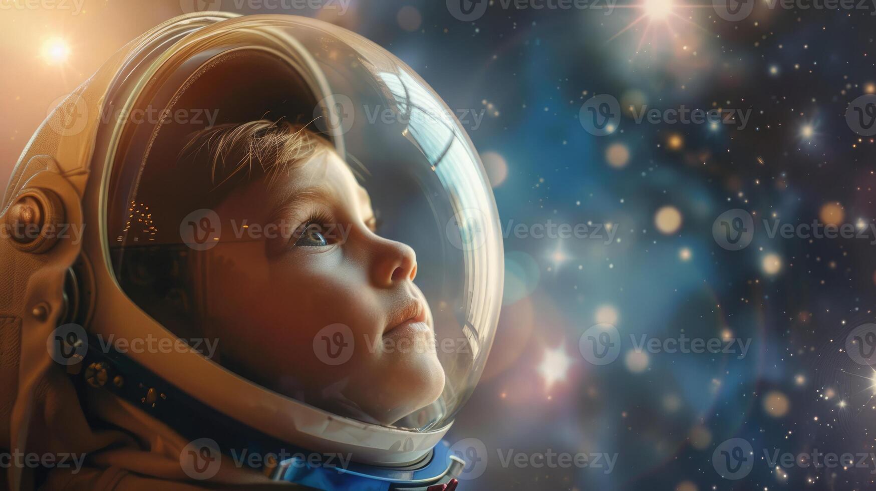 Child wearing astronaut helmet, gazing at stars, depicting themes of education and aspiration in a cosmic context photo