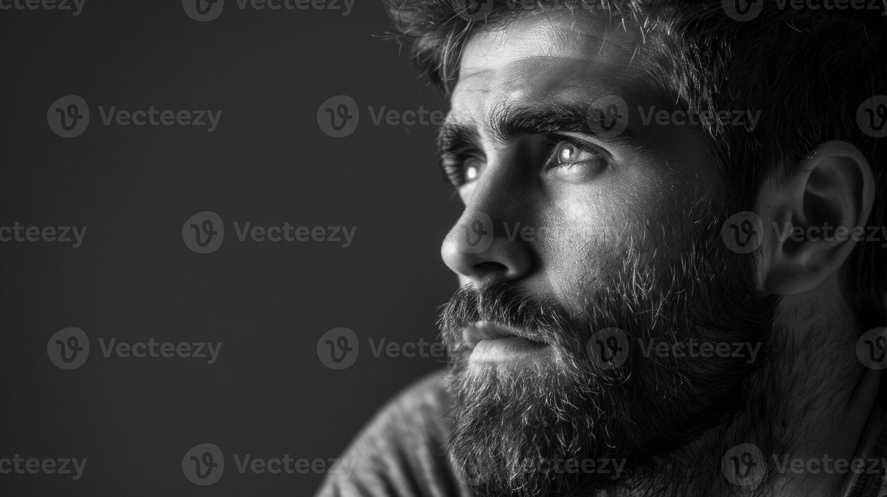 Black and white portrait of a man with a beard, moody and lost in thought photo