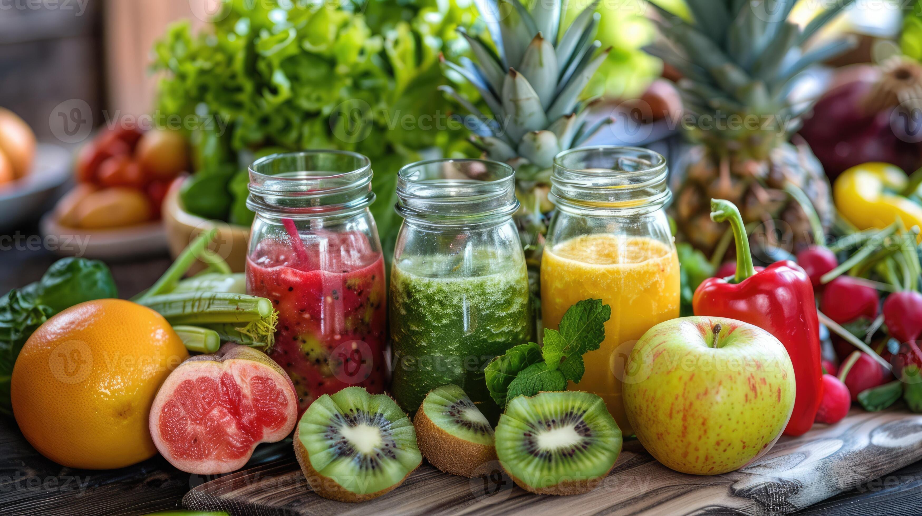 Fresco Frutas Verduras Y Un Zalamero En Un Cocina Representando Un Fresh Fruits Veggies And A Smoothie In A Kitchen Representing A 2025 New Year S Resolution For A Healthy Eating Lifestyle 2025 New Year Resolutions Photo