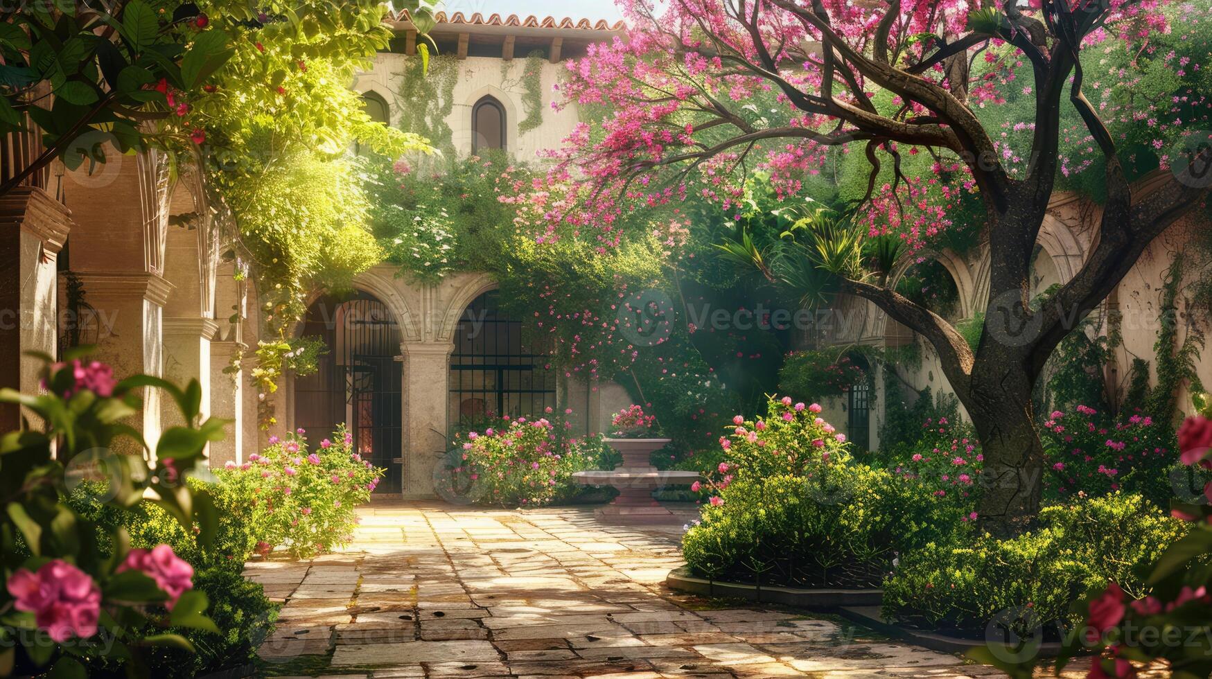 Blooming Trees and Lush Greenery Enhance the Tranquil Monastery Courtyard photo