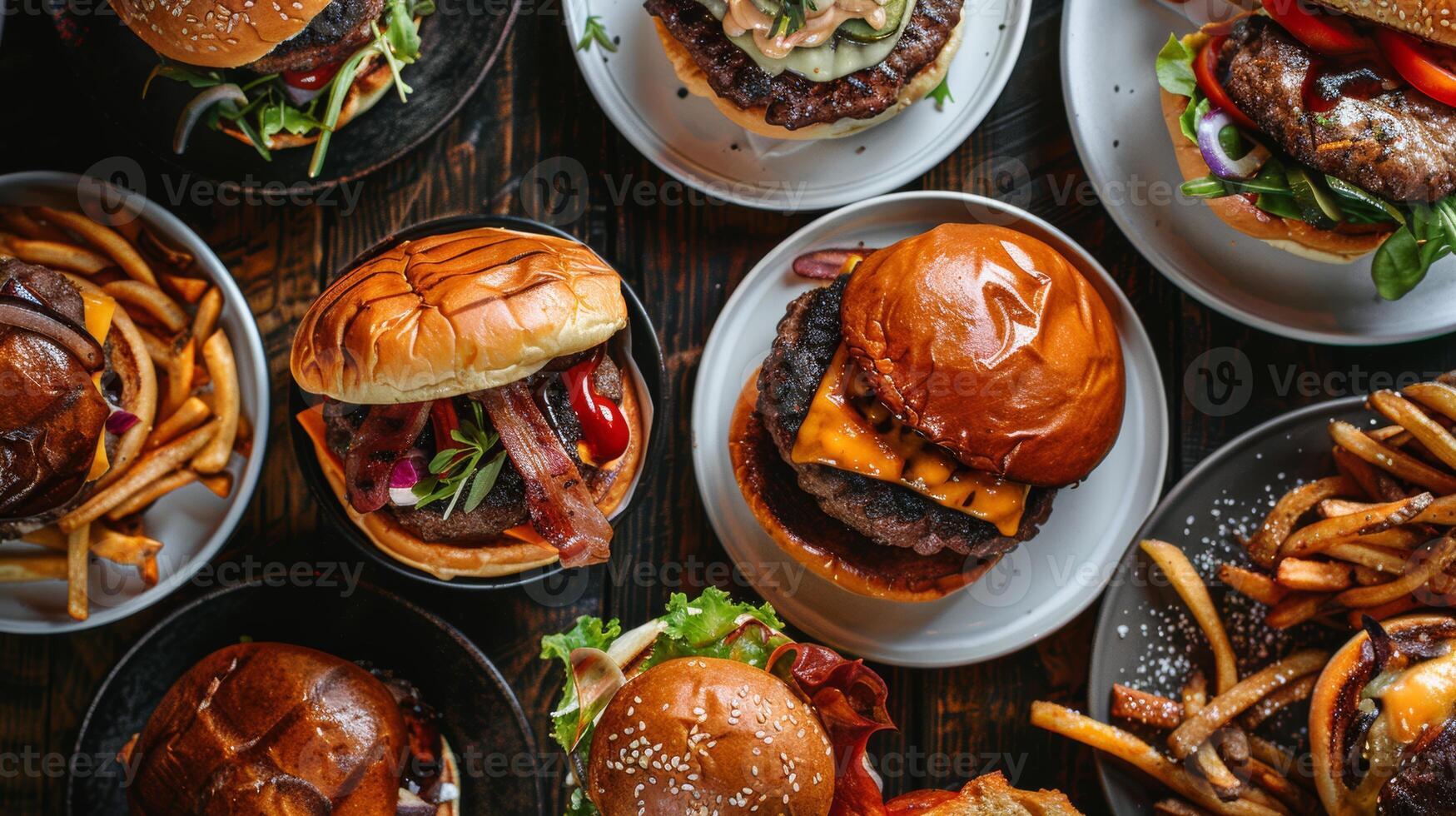 Rotating plate of gourmet burgers in a top-down perspective photo