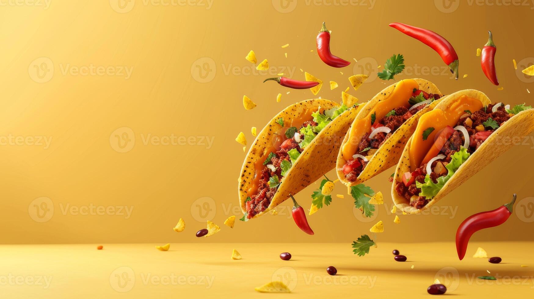 Dynamic copy space featuring levitating taco ingredients and space for Mexican food branding photo