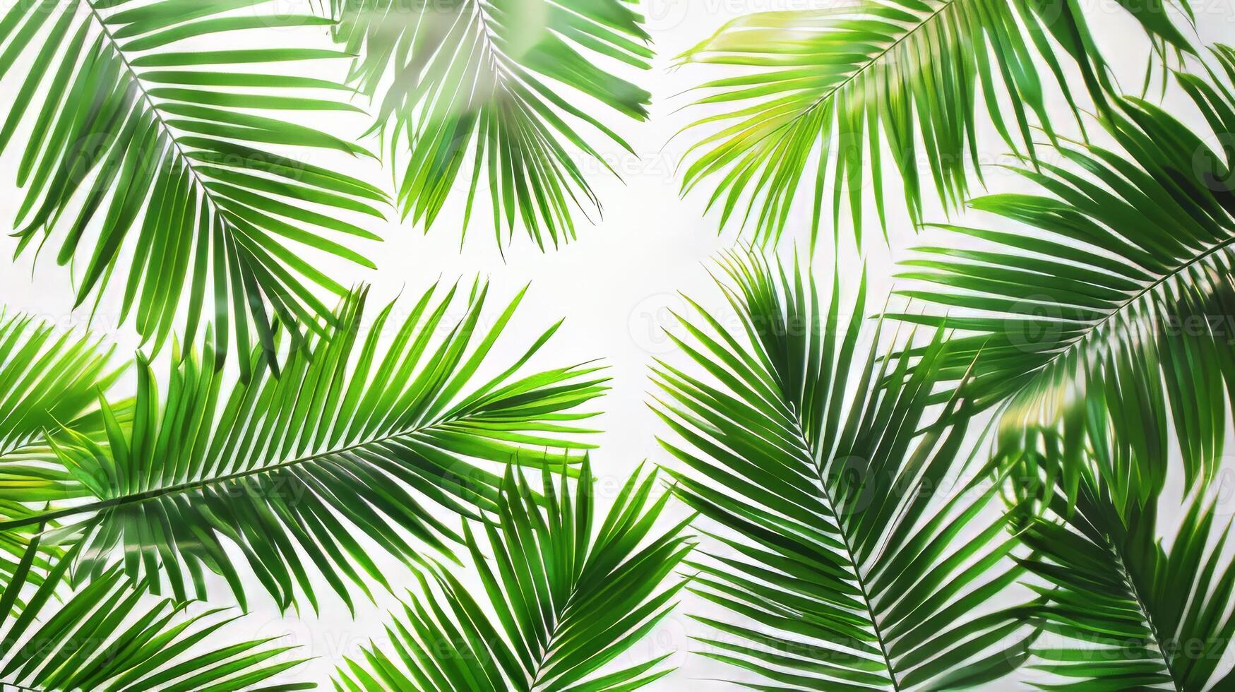 A close up of a palm tree with its leaves spread out. Concept of calm and relaxation, as the palm tree is a symbol of tropical paradise and leisure. The lush green leaves photo