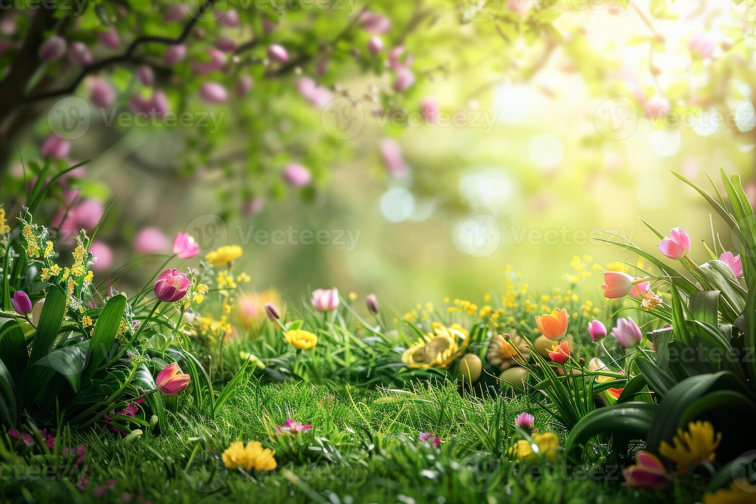 Springtime Easter scene with blooming flowers and lush greenery photo