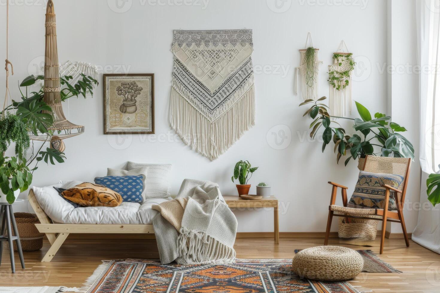 Bohemian-inspired eclectic decor against a soft transparent white surface, ideal for eclectic designs photo