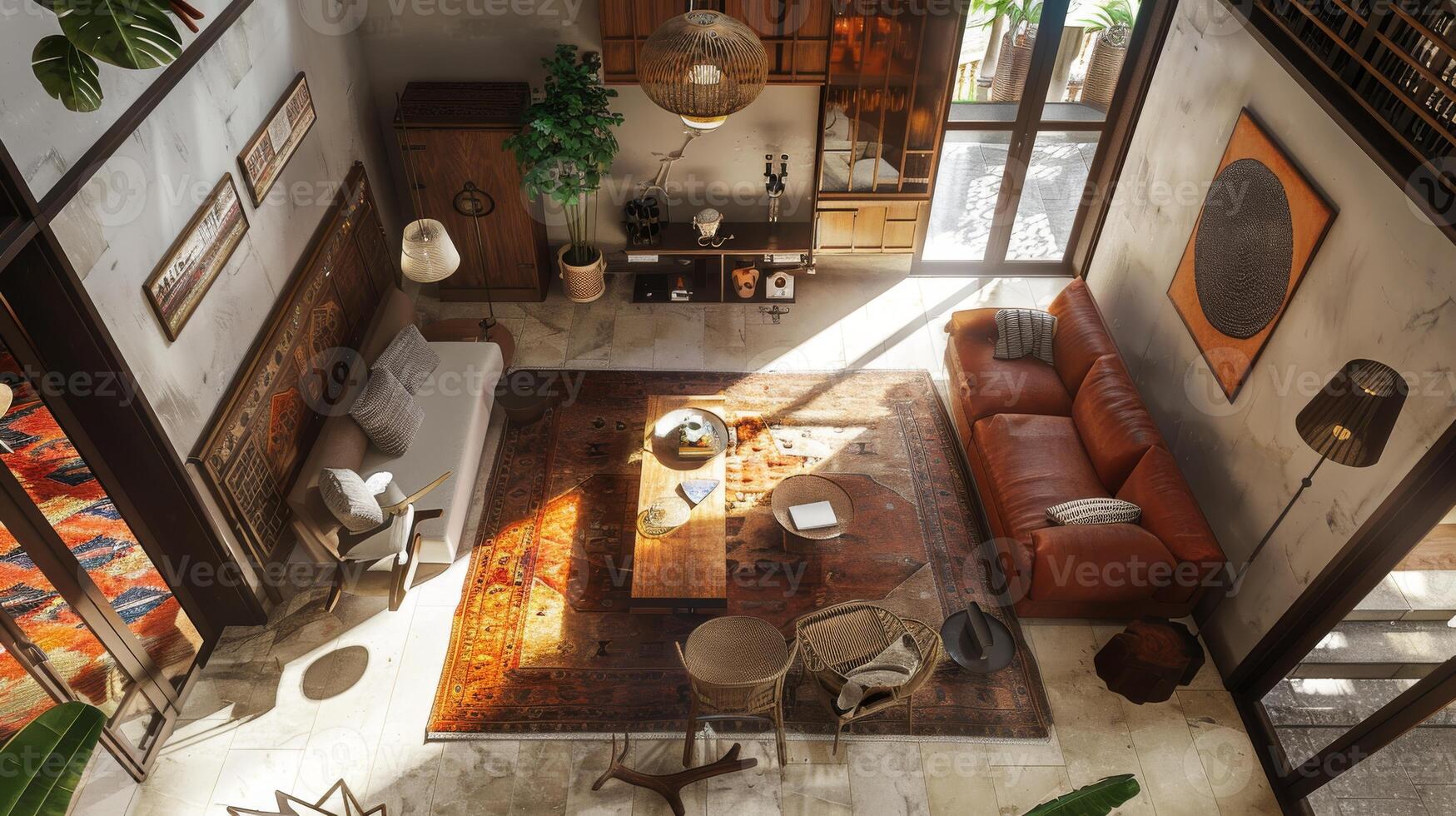 Drone view providing a panoramic view of interior decor elements photo
