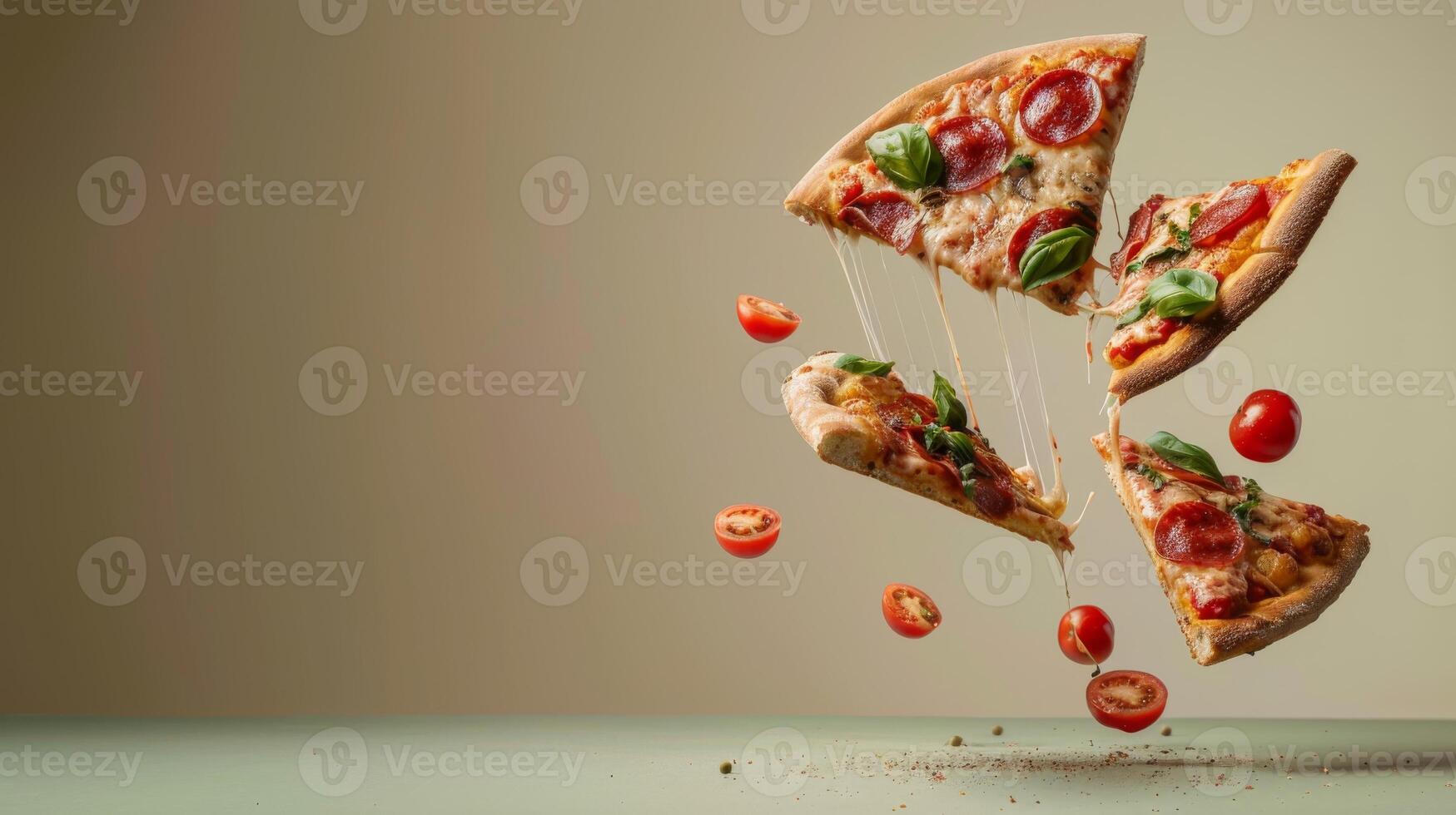 Dynamic copy space with levitating pizza slices for advertising photo