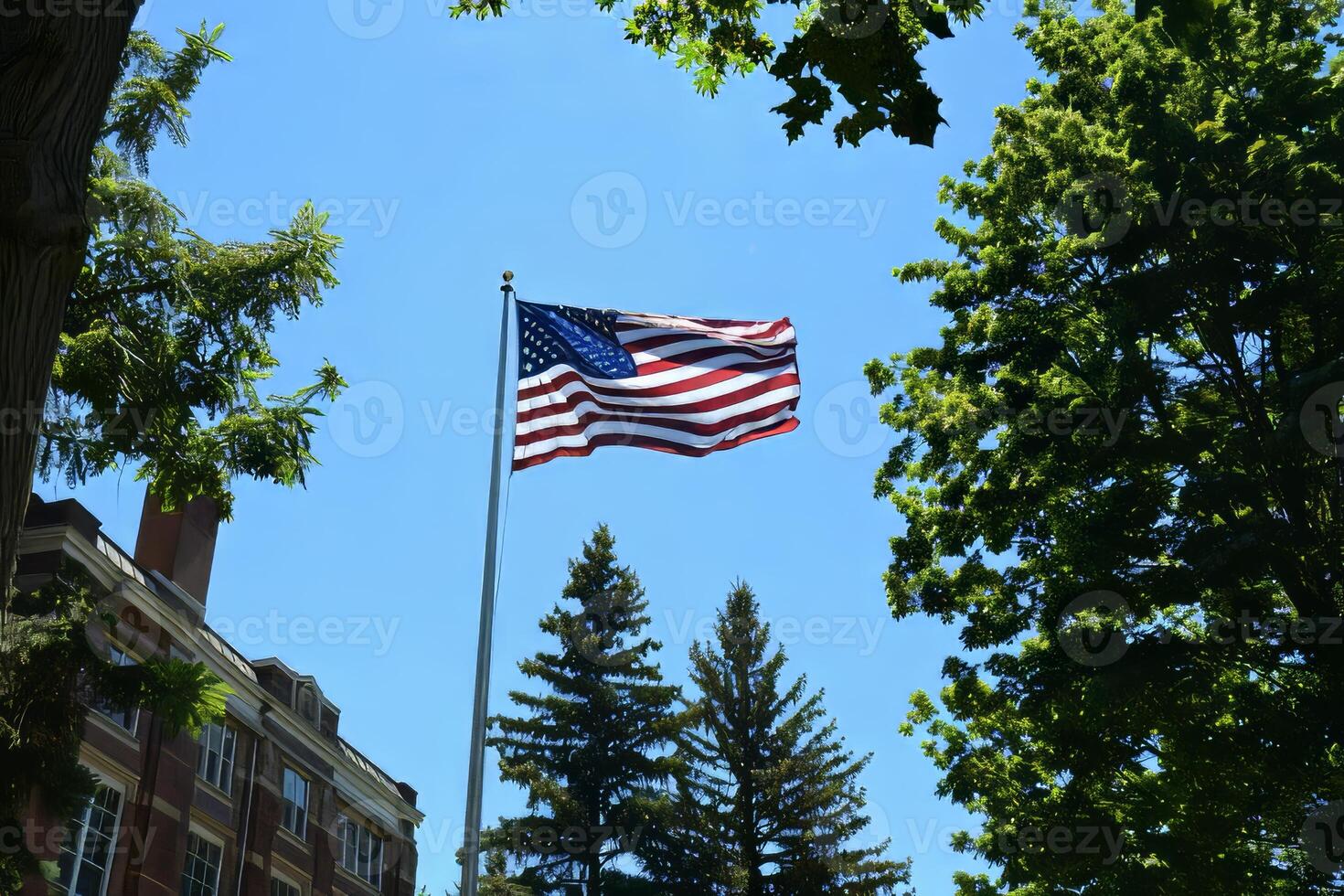 The Stars and Stripes flying over a college campus photo