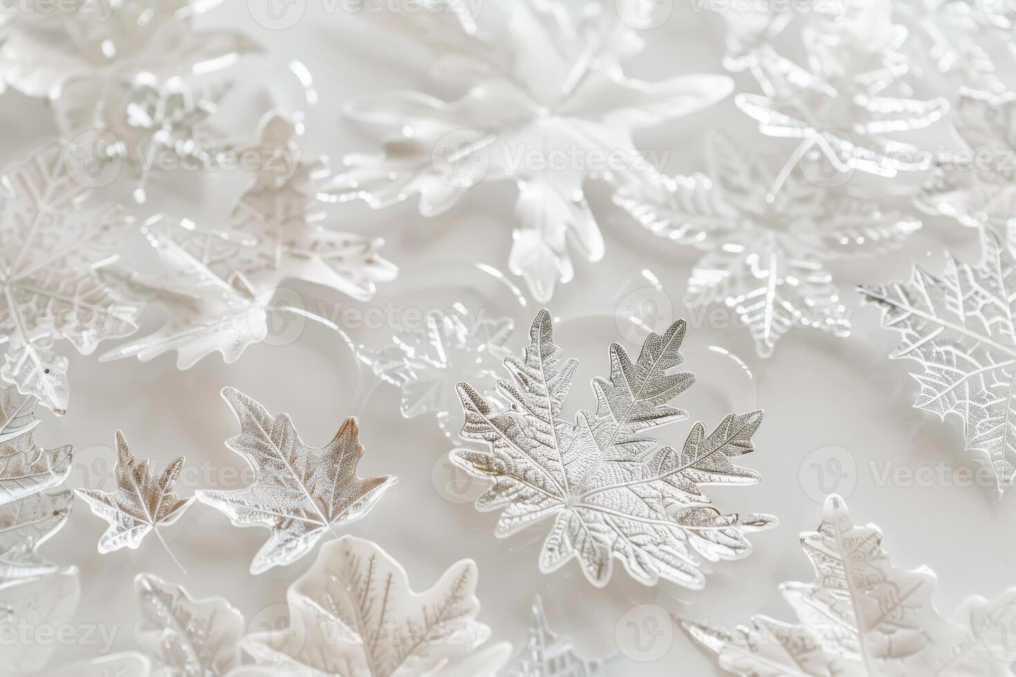 Whimsical snowflake leaves with intricate patterns on a transparent white surface photo