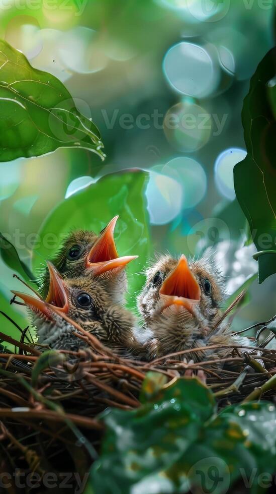 Chirpy baby birds chirping merrily in their nest, awaiting their next meal photo