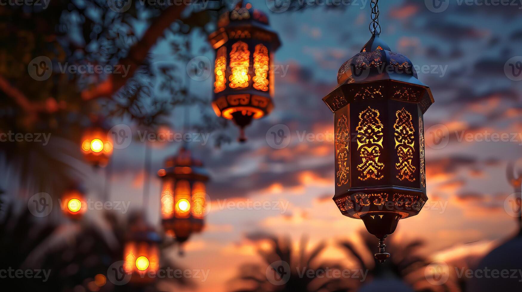 Arabic lanterns against a dusky evening sky background, heralding the arrival of Ramadan photo