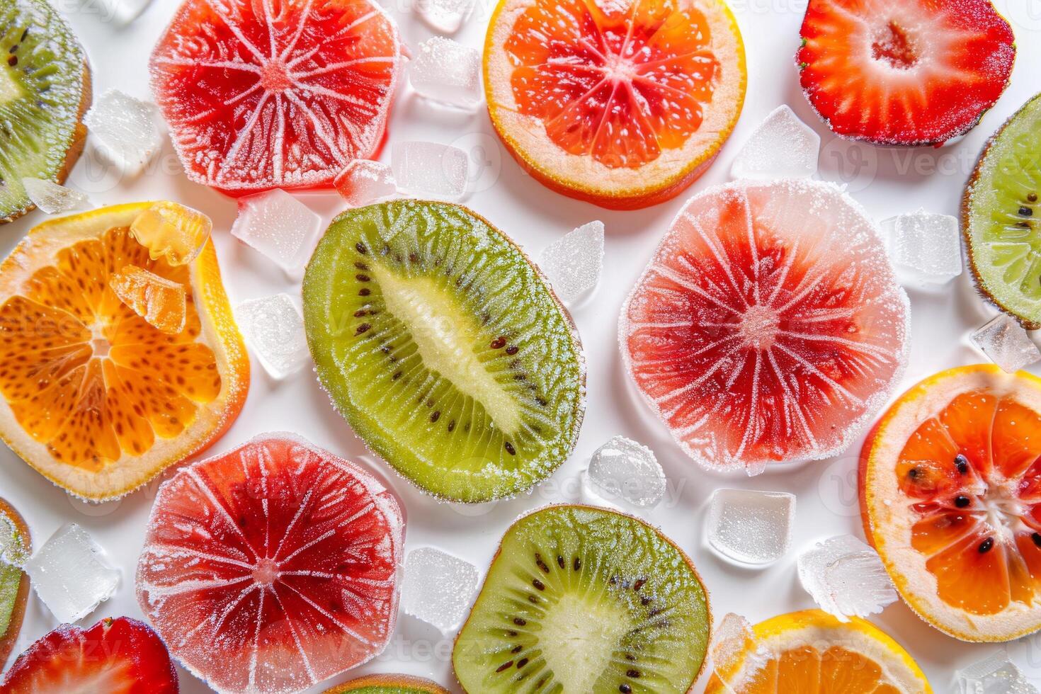 Frozen fruit slices with icy edges on a transparent white backdrop, perfect for refreshing concepts photo