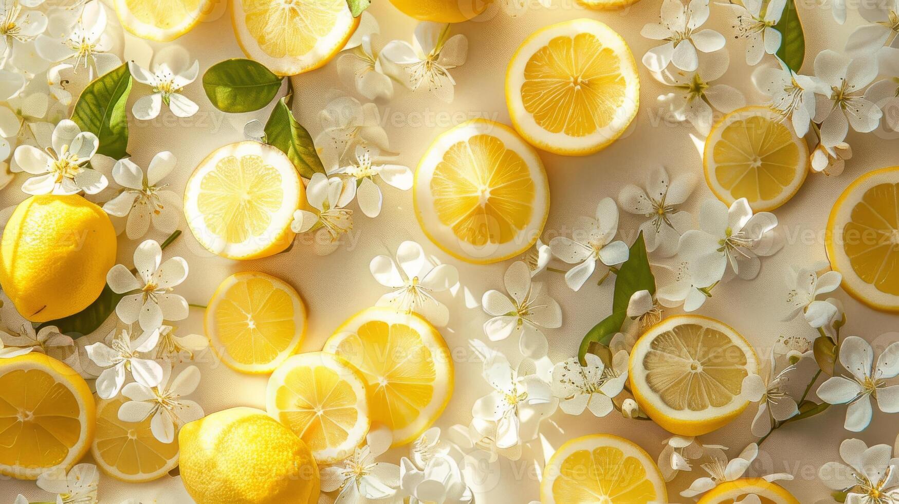Bohemian layout pattern of floating lemon slices in a boho-chic arrangement photo