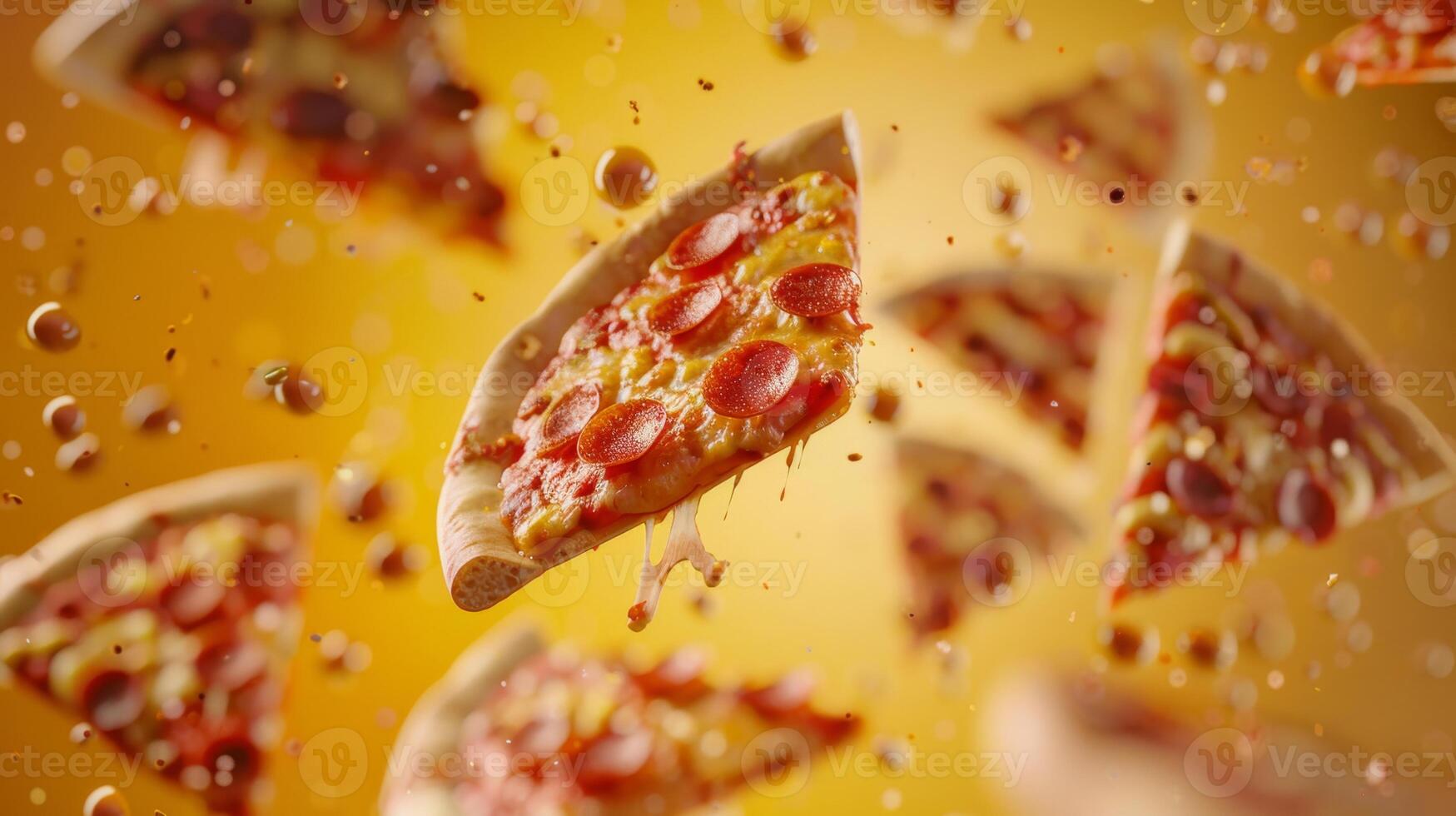 Dynamic poster showcasing floating pizza slices in a kinetic layout photo