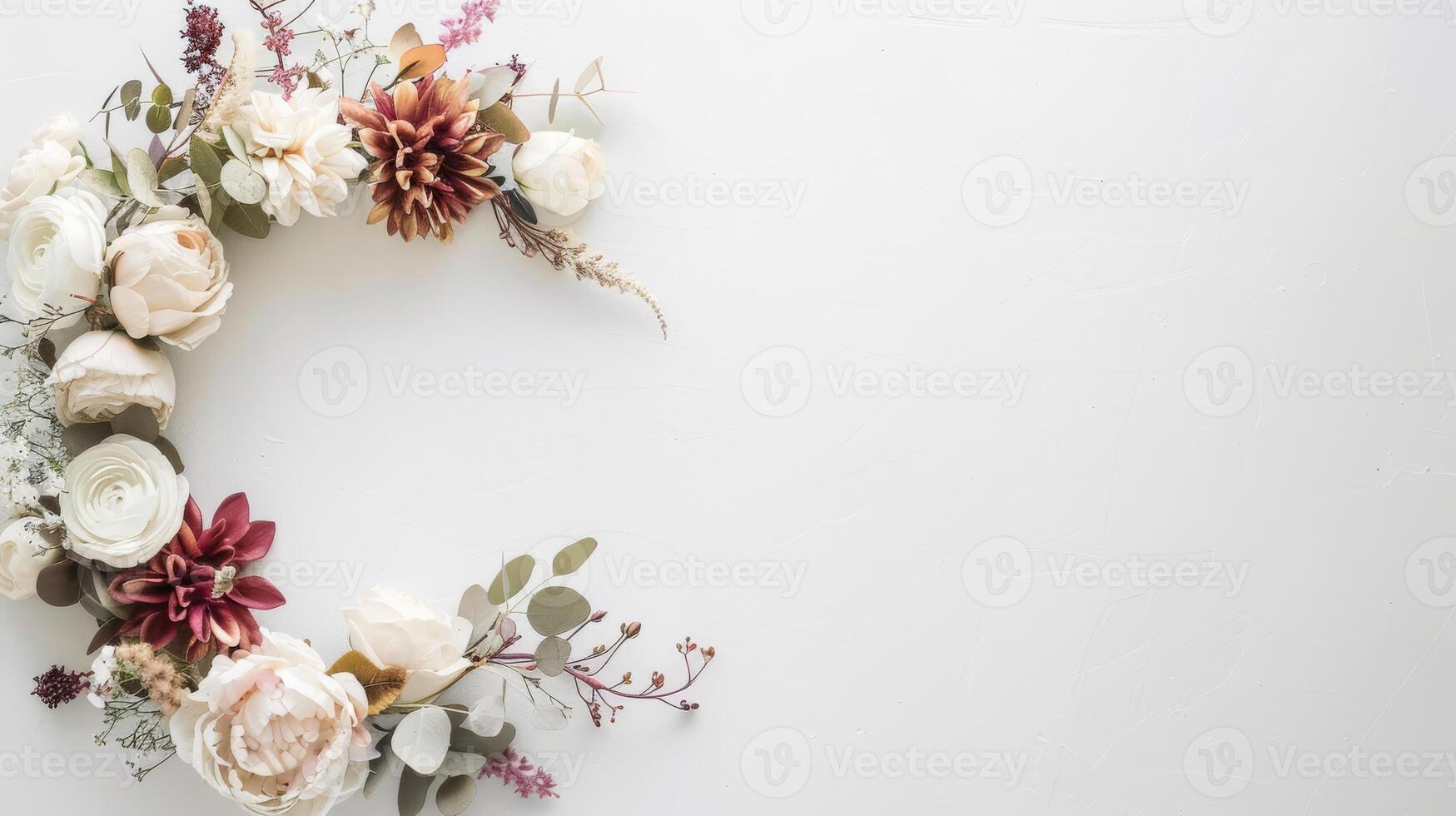 A white background with a flower arrangement in the center. The flowers are pink and white. The arrangement is circular and has a wavy design photo