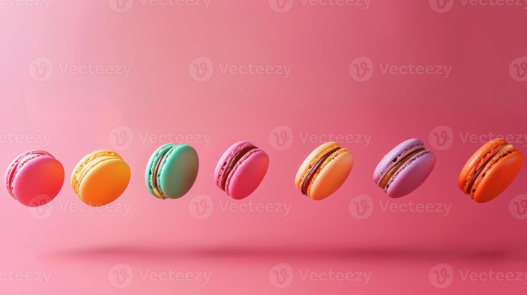 Contemporary design of levitating macarons arranged in a linear pattern photo