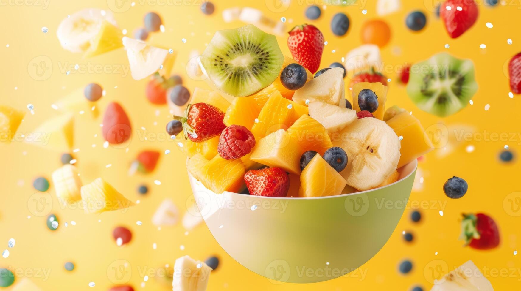 Modern poster with a spinning bowl of fruit salad 46603684 Stock Photo