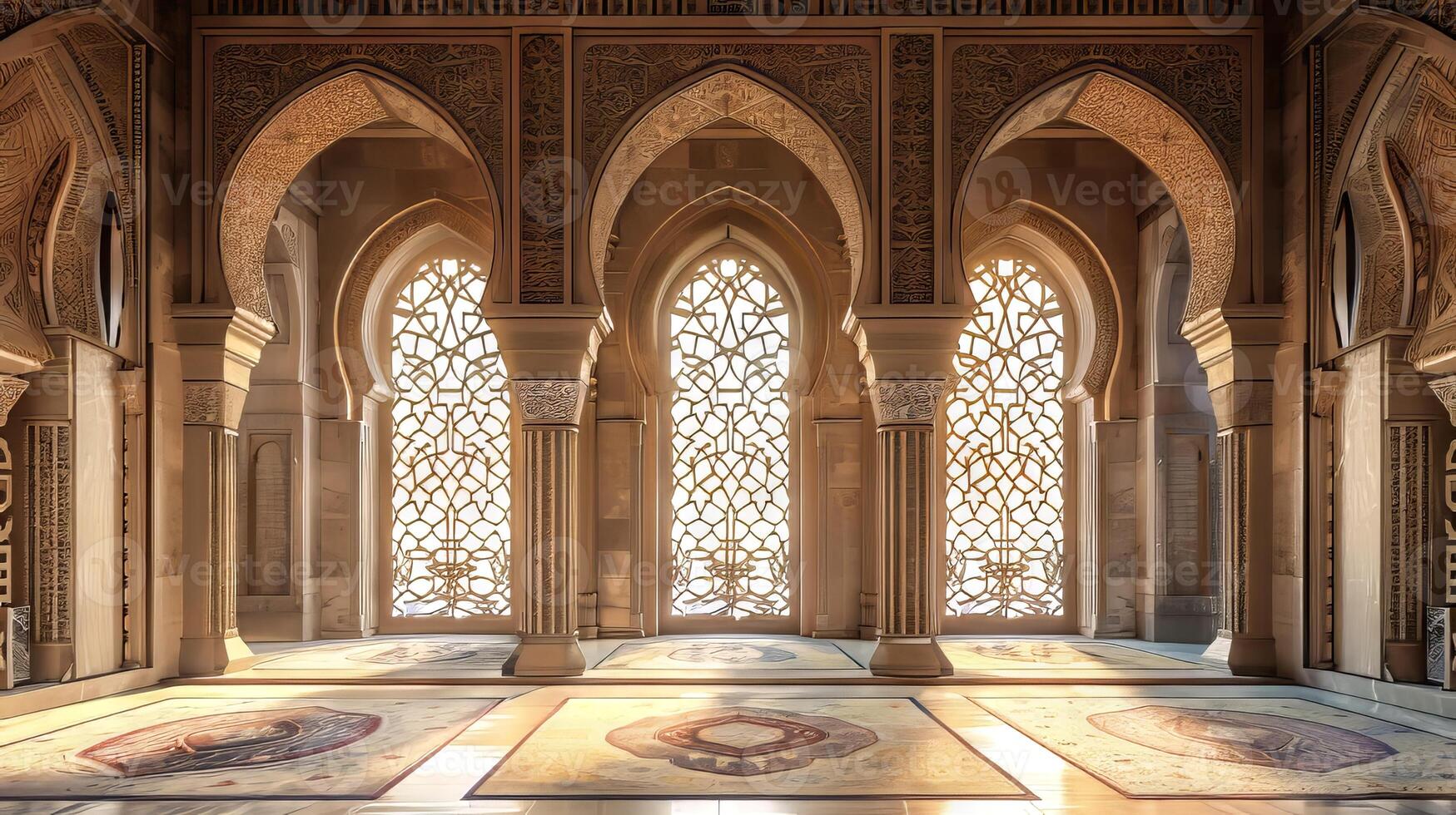 A large room with arched windows and a carpeted floor. The room is empty and the sunlight is shining through the windows photo