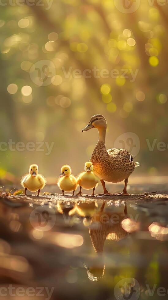 Charming baby ducklings waddling after their mother in a row photo