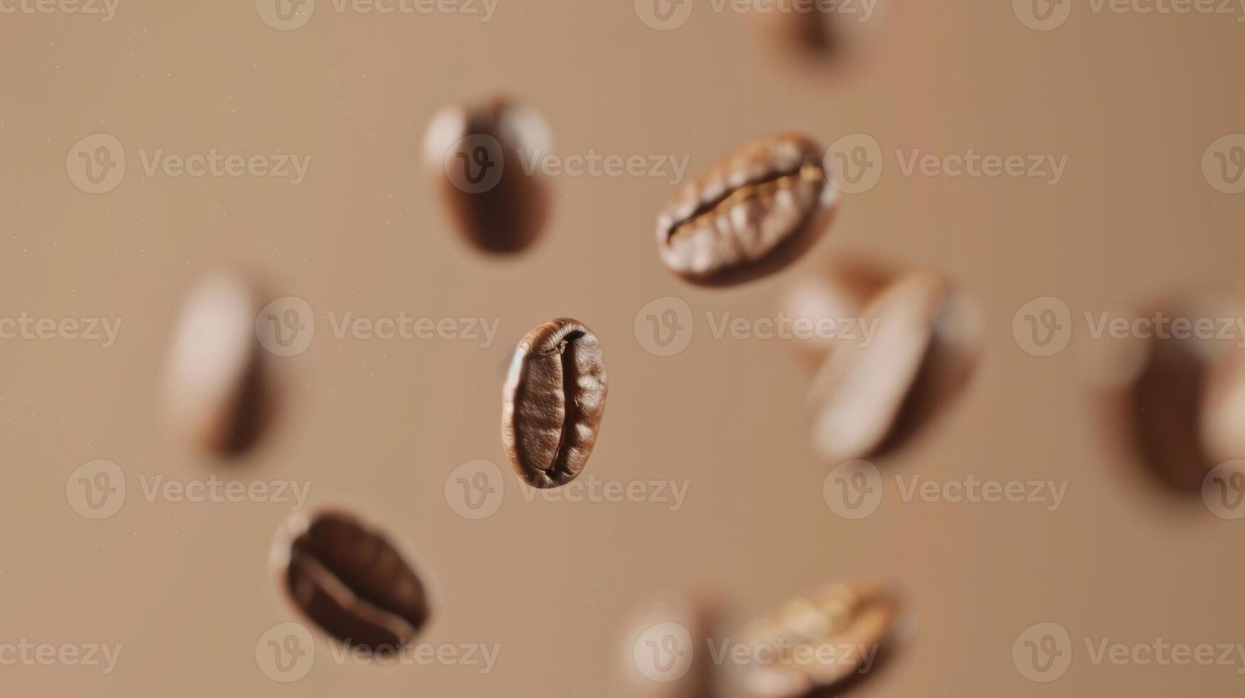 Minimalistic shot of floating coffee beans in mid-air photo