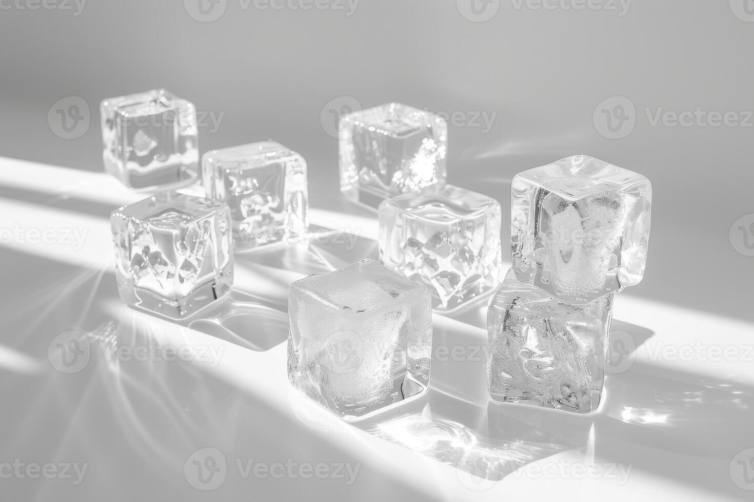 Crystal-clear ice cubes on a soft transparent white backdrop, perfect for cool and refreshing concepts photo
