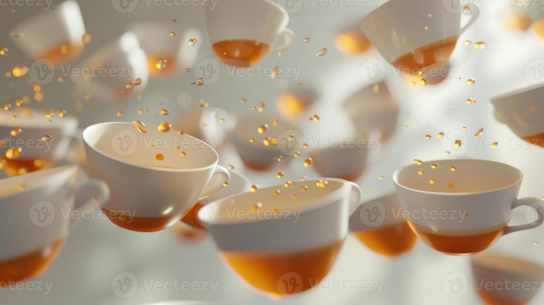 Dynamic arrangement of levitating tea cups in an overlapping pattern photo